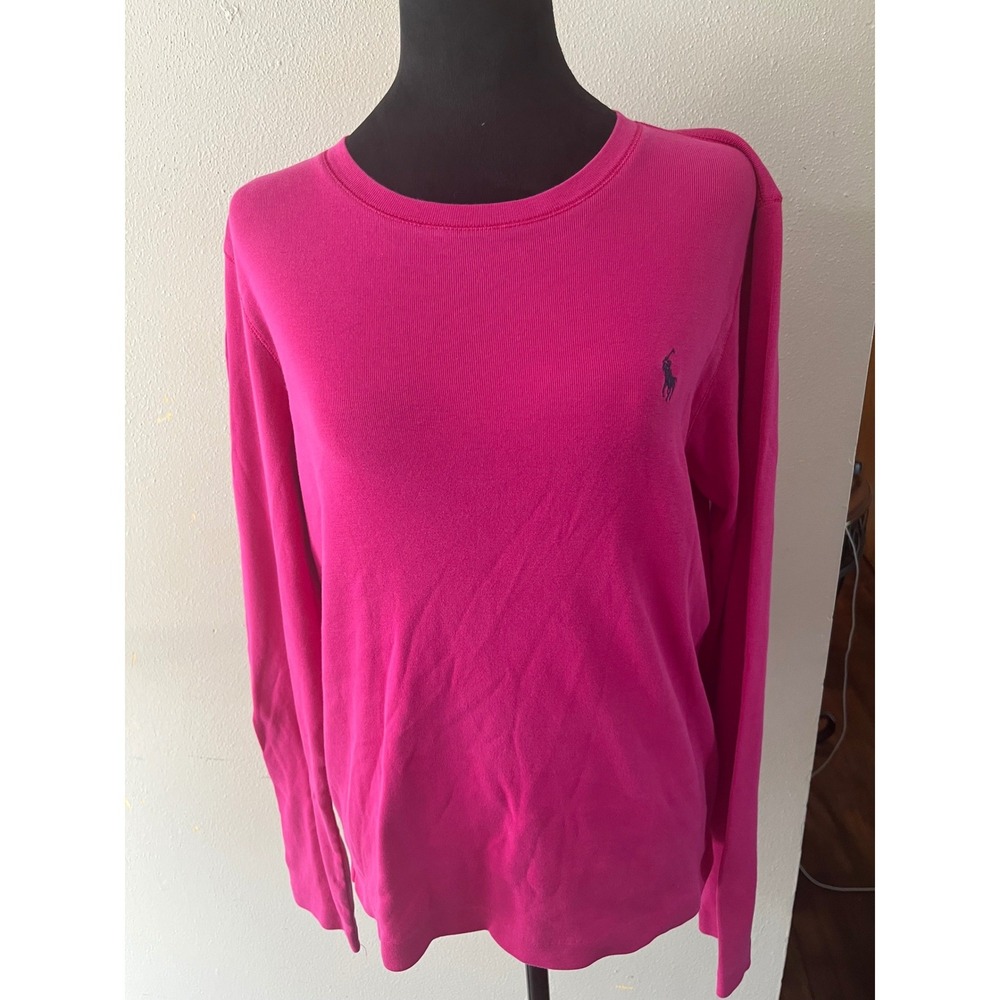 RALPH LAUREN SPORT Long Sleeve Ribbed Knit Top Women XL Pink Pony Logo Preppy - Picture 2 of 5